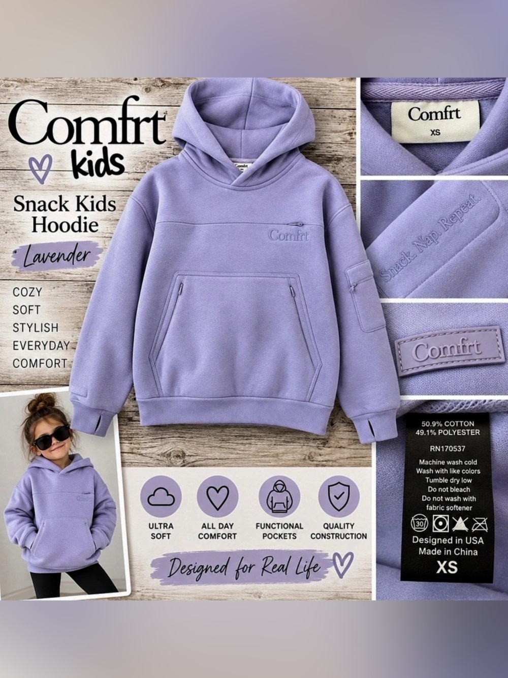 Comfrt Kids Snack Hoodie – Lavender – Size XS – NEW IN BAG